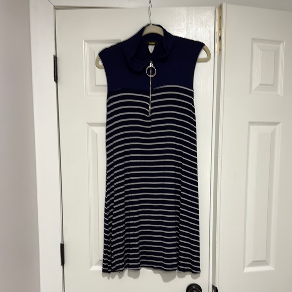 Espresso Blue and White A-Line Polo Collar Mini Dress